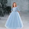 Blumenmädchen Geburtstag Bankett Langarm Spitzenkleid Elegante Kinder Hochzeit Langes weißes Kleid Kinder Kommunion Abendkleid 210331