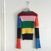 Maglione lavorato a maglia Harajuku Maglioni arcobaleno Maglione a collo alto lavorato a maglia a righe Abiti invernali Maglione lungo da donna in cotone 210914