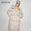 Jiazehua أسفل سترة المرأة 2021 الشتاء جديد مقنعين الراقية سميكة بطة بيضاء متوسطة وطويلة معطف المرأة