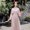 Элегантные две части наряды сетки китайский стиль Hanfu ютные V-образные вырезы с длинным рукавом вечерние платья розовые женщины платье 210603