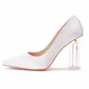 Kvinnor pumpar sexig klar 10 cm höga klackar fyrkantiga transparenta skor damer sommar vit siden stor storlek 35-43