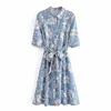 PUWD Sweet Women Turn-down Collar Bow Lace Dress Summer Fashion Ladies Chinese Style Female Flower Printed Mini 210522