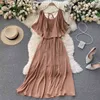 Women Fashion Chiffon Summer Dress Round Neck Hollow Ruffled Slim Holiday Solid Color Clothes Vestidos S229 210527