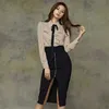 Elegant Office Lady Long Sleeve Bowtie Ruffles Work Shirt Black High Waist Front Zipper Split Pencil Skirt with Belt 210603