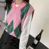 Nepoel trui Vest Plaid roze truien V-hals mouwloze tank tops Koreaanse gebreide trui vaccoat contrast kleur kleding 210422