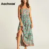 여성 스파게티 스트랩 플로랄 프린트 휴일 해변 긴 드레스 백리스 레이디 Pleated Dresses Sundresses Femme Robe 210413
