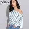 Tataria Dames SKEW Kraag Gestreepte Shirts met lange mouwen Mode Streetwear Bow Womens Tops en Blouses Chiffon Blouse Blusas 210514