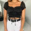 Ruffle Lace Up Blouses Female Ruched Black Crop Backless Pink Women Beach Off Shoulder Blouse Tops 210415