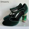 Luxe Emerald Agate Chunky Talon Chaussures De Mariage Bijoux Chaussures À Talons Hauts T-sangle Velours Vert Bout Rond Strass Pompes Femmes 210408