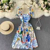 女性の豪華なパーティードレスヴィンテージ夏の幾何学的プリントのMidiのドレス女性包帯スリムなBoho Long Robe Vestidos 210525