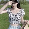 WERUERUYU Fransız kadın Bluzlar ve Gömlek Kare Boyun Elastik Bel Seksi Kırpma Üst Kısa Kollu Yaz Baskı Gömlek Kadınlar 210608