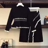 Fall Winter Women Knitted Suit Pullover Sweater Top And High Waist Knee Skirt Knit Two Piece Set White Ruff Black Cloth 220302