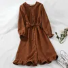 Autumn Winter Dress Women Solid Bandage Bow Korean Vintage Elegant Robes Chic Dresses Ruffles 17598 210415