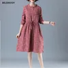 Mori Girl Outono Primavera Mulheres Ruffled Vestido Vintage Folha Impresso Linho de Algodão Elegante Vestidos Longa Manga Rosa Marrom Midi 210520