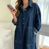 Denim vestido feminino vestuário de primavera de manga completa giro colarinho Botões Split Casual Solta Street Wear Denim Robe Vestido 210329