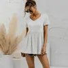 Summer Loose Tshirt For Women Casual Solid Color Ruffle White Tee Shirt Female Short Sleeve V Neck A-line Pullover Tops 210526