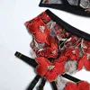 NXYセクシーなセット腺の新しい花刺繍女性のセクシーなランジェリーアンダーワイヤーブラジャー薄い透明下着ひもげガーターベルトスリーピースセット1128