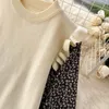 Frauen Koreanische Rüschen Kleid O Neck Puff Sleeve Lose Kleid Herbst Casual Taille Elastische Gestrickte Patchwork Kleid 210419