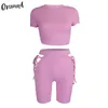 Weird Puss Ribbed Fitness Kvinnor Tracksuit Matching Set Short Sleeve + Bandage Hollow Out Biker Shorts Sportig Casual 2piece Outfits Y0702