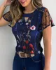 Kvinnors Blusar T-shirts 2021 Ruffle Kortärmad Blus Sommar Fashion Casual Floral Broderi Cutout Mesh Sheer Tops Slim Vintage