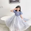 Princess Girls Dress Snowflakes Ice Blue Tulle with Bows Lovely Children Lolita Party Gown Cltohing 210529