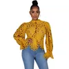Women Sexy Hollow Out Shirt Designer Trumpet Sleeves Breathable Lace Shirts Stand Collar Cardigan Sweaters Tops