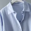 Algodão Longo Seção Camisas Plus Size Verão Mulheres Blusas Linen Cottons Casuais Branco / Azul Mulheres Senhoras Tops 6793 50 210527