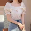 Korejpaa Women Shirt Summer Korean Chic French Style Square Collar Wooden Ear Folds Design Loose Thin Puff Sleeve Blouses 210526