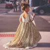 Gouden mousserende bloem meisje jurk 2022 met lange mouwen ballgown pailletten kleine baby meisjes pageant jurken puffy baby first communion verjaardag formele feestkleding