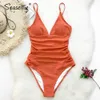 SEASELFIE Sexy Solid Orange Shirring V-neck Swimsuit Women Monokini Beach Bathing Suit Swimwear 210630