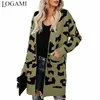 LOGAMI Long Cardigan Women Leopard Knitted Casual Sweaters Autumn Winter Pocket Coat Female 210914