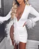 Ninimour vita Sequined Feather Trim Mini Dress Sexig V-Neck Insured Embellished Elegant Glitter Slim Wrap Dress for Party 210415