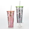 24oz Large Capacity Double Layer Plastic Sequined Glitter Tumbler Straw Cup with Lid Cup Summer Plastic Tumbler Coffee Mug