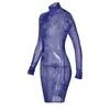 Women Dress Print Bodycon Slim Fit Clubwear Party Turtleneck Mesh Hollow Out Long Sleeve Elegant Ladies Clothing 210522