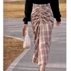 春のシックな折りたたみデザインの長い格子縞のスカート女性気質ハイウエストファルダムハヤ快適なオールマッチJupe 210514
