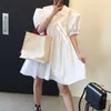 Korejpaa Women Dress Summer Korean Chic French Retro Lace Doll Collar Loose Single Row Button Bubble Sleeve Vestido 210526