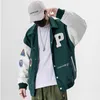 Mäns varsity enhetlig basebolljacka PU läderhylsa Single Breasted Applices Bomber Jacket Embrodery Patches Casual Coat 211025