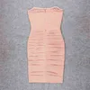 女性のセクシーなデザイナーストラップレスメッシュRuched Black Pink Bandage DressイブニングセレブリティシックパーティーVestido 210527