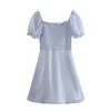 Summer Sweet Girl Dress Square Collar Rękaw Puff Składany Bowknot A-Line Spódnica Kobiet Niebieskie Suknie Elastyczność Moda 210508