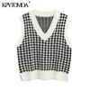 Moda donna pied de poule maglia allentata maglia maglione scollo a V senza maniche spacchetti laterali gilet femminile Chic Top 210420