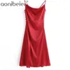 Drape Neck Spaghetti Strap Ankle Length Dress Summer Sleeveless Split Women Maxi Chic Button Satin Cami 210604