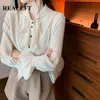 Vår sommar Kvinnors Blus Eleganta Ruffles Frontskjortor Solid Färg Långärmad Vintage Chiffon Toppar 210428