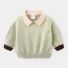 Spring Autumn Winter 2 3-10 Years Knitted Solid Color Patchwork School Student Turn-Down Collar Sweaters For Baby Kids Boys 210414