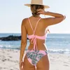 Miturn Rosa Impresso Cintura Baixa Dois Peças Bikini Set Swimsuit Mulheres Mulheres Beachwear Banheiro Banheira Terno 210702