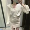 Beige Embroidered Woman Blouses Fashion Spring Summer Puff Long Sleeve Button Up Shirt Elegant Women 210519