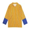 Dames Gestreept Shirt Geel Blue Turn Down Collar Patchwork Volledige Mouw Lange Koreaanse Sash B0276 210514