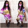 Lemon Gina Tie Dye Print With Masks Women 3 Pieces Sets Tracksuits V-neck T-shirt Shorts Suit Fitness Sport Outfits Matching Set X0428