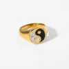 Wedding Rings Super Sparkling Zircon Yin Yang Ring 18K Gold Plated Stainless Steel Black White Bagua Ta Chi Ying