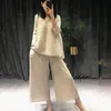 DEAT Suit Woman Casual Style Solid Round Collar Pullover T Shirt Wide Leg Pants High Elastic Summer Fashion AT427 210331