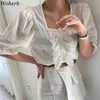 Women Blouse Summer Blusas Vintage Square Neck Sweet Lace Patchwork Shirts Fashion Temperament Chiffon White Tops 210519